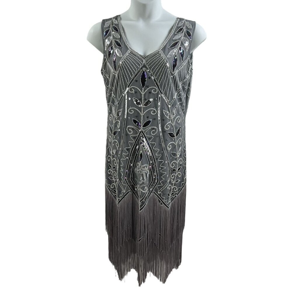 Metme XL Womens Flapper Dress Roaring 1920s Sequins Beaded Fringe Great Gatsby